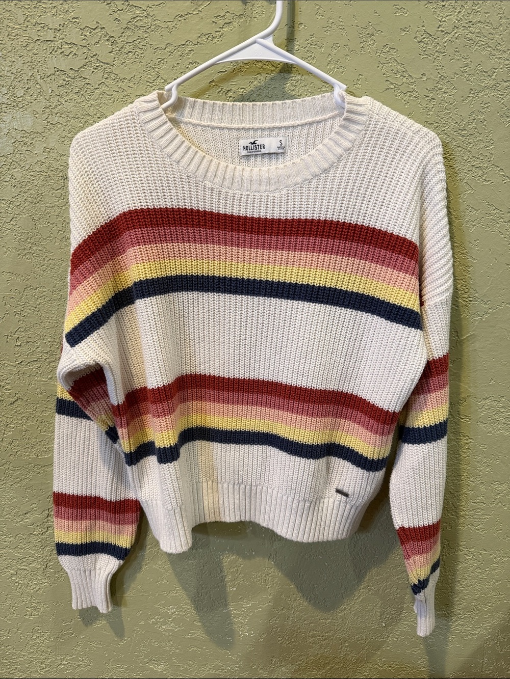 Hollister Cream Sweater with Red, Yellow, Navy & Pink Stripes